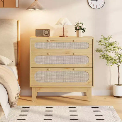 Commode en rotin à 3 tiroirs beige, meuble de rangement en bois et MDF, 79,2 cm H, pour 1 personne