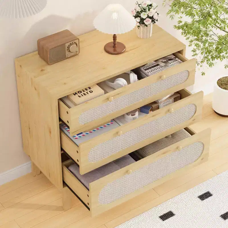 Commode en rotin à 3 tiroirs beige, meuble de rangement en bois et MDF, 79,2 cm H, pour 1 personne