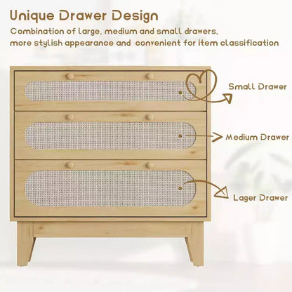 Commode en rotin à 3 tiroirs beige, meuble de rangement en bois et MDF, 79,2 cm H, pour 1 personne