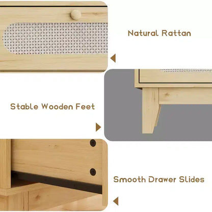 Commode en rotin à 3 tiroirs beige, meuble de rangement en bois et MDF, 79,2 cm H, pour 1 personne