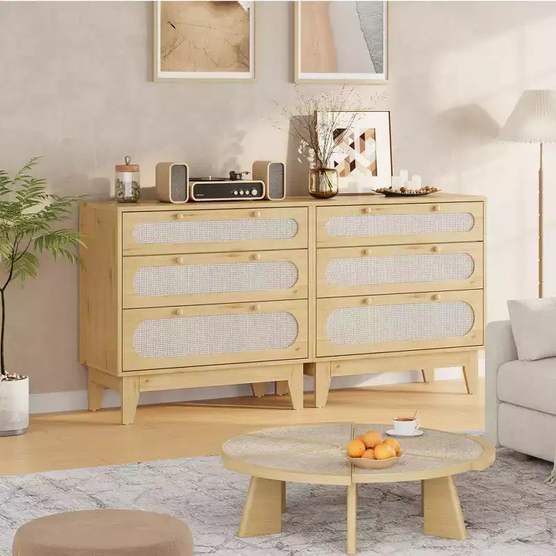 Commode en rotin à 3 tiroirs beige, meuble de rangement en bois et MDF, 79,2 cm H, pour 1 personne