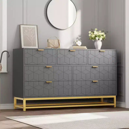 Commode à 7 tiroirs noire / grise / blanche avec poignées dorées, simple
