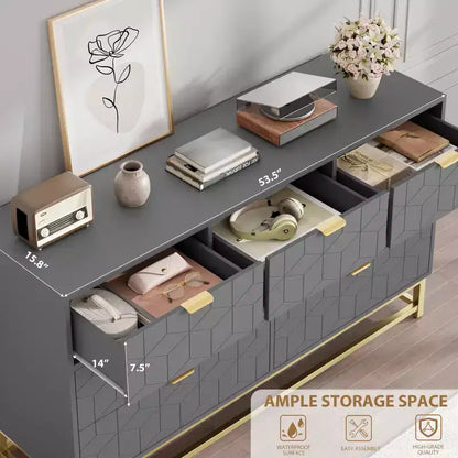 Commode à 7 tiroirs noire / grise / blanche avec poignées dorées, simple