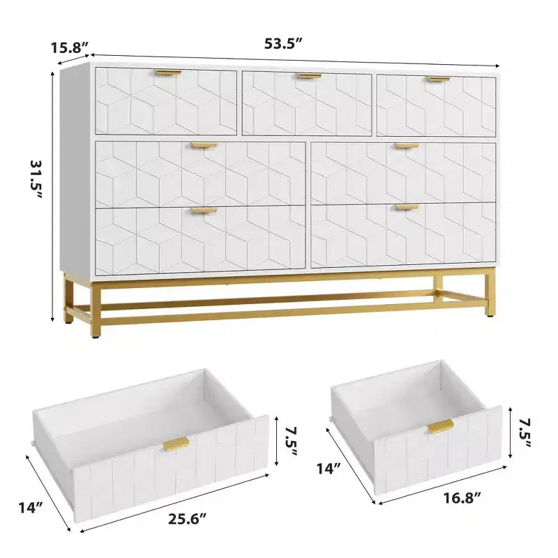 Commode à 7 tiroirs noire / grise / blanche avec poignées dorées, simple