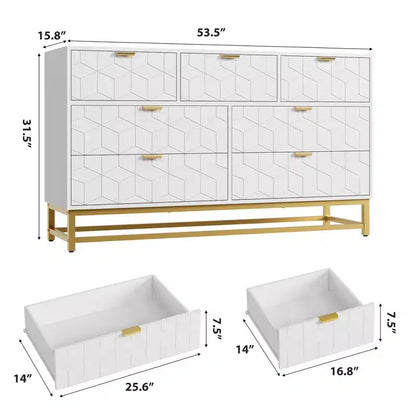Commode à 7 tiroirs noire / grise / blanche avec poignées dorées, simple