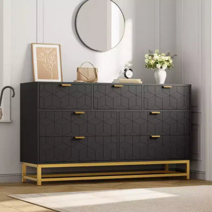 Commode à 7 tiroirs noire / grise / blanche avec poignées dorées, simple