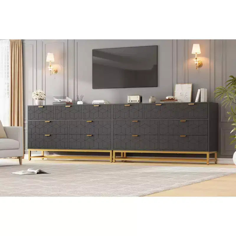 Commode à 7 tiroirs noire / grise / blanche avec poignées dorées, simple