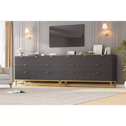 Commode à 7 tiroirs noire / grise / blanche avec poignées dorées, simple