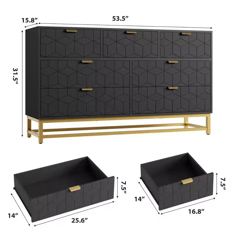 Commode à 7 tiroirs noire / grise / blanche avec poignées dorées, simple