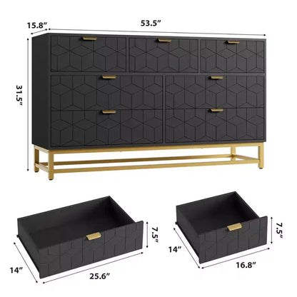 Commode à 7 tiroirs noire / grise / blanche avec poignées dorées, simple