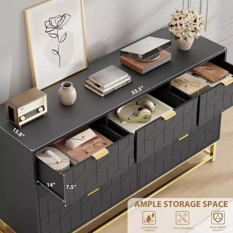 Commode à 7 tiroirs noire / grise / blanche avec poignées dorées, simple
