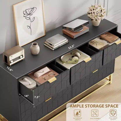 Commode à 7 tiroirs noire / grise / blanche avec poignées dorées, simple