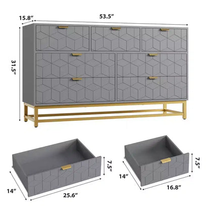 Commode à 7 tiroirs noire / grise / blanche avec poignées dorées, simple