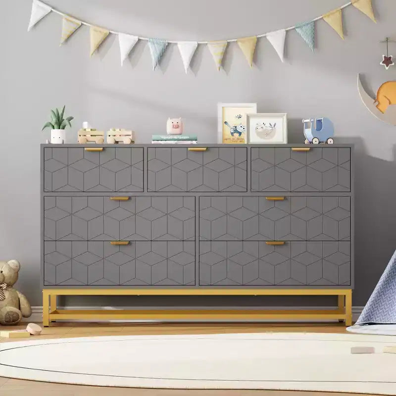 Commode à 7 tiroirs noire / grise / blanche avec poignées dorées, simple