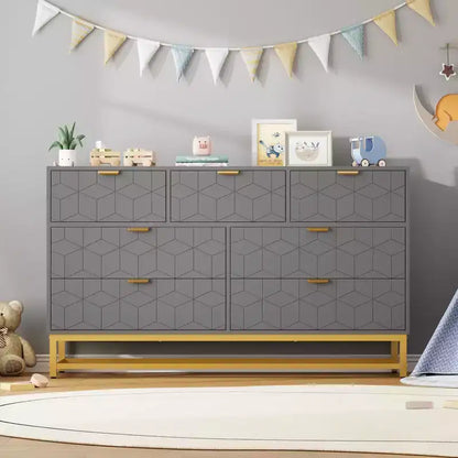 Commode à 7 tiroirs noire / grise / blanche avec poignées dorées, simple
