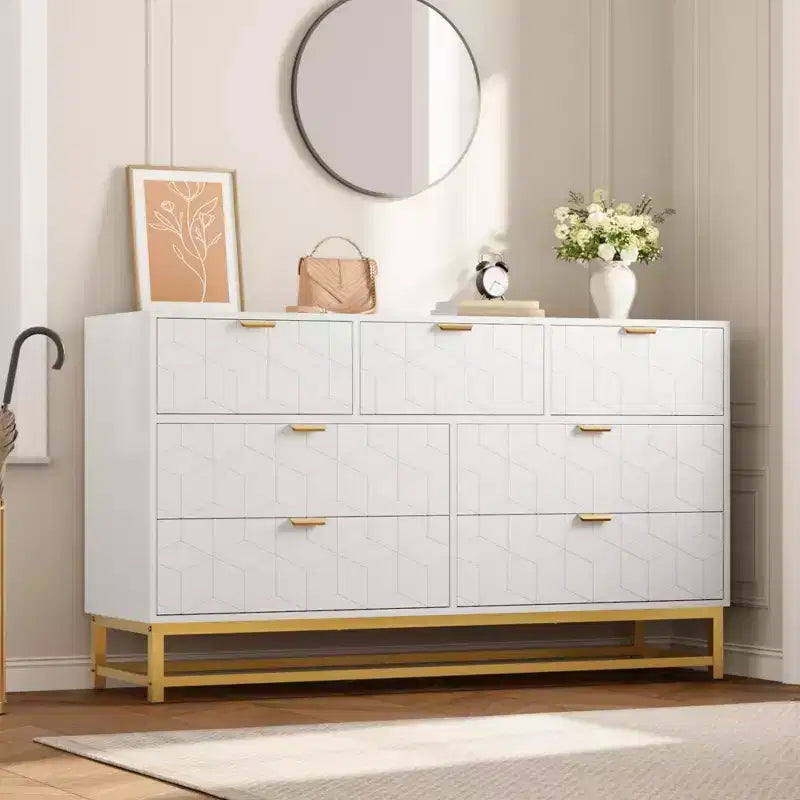 Commode à 7 tiroirs noire / grise / blanche avec poignées dorées, simple