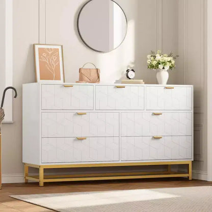 Commode à 7 tiroirs noire / grise / blanche avec poignées dorées, simple