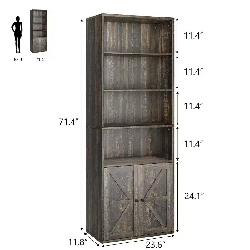 Bibliothèque à 6 niveaux avec porte coulissante style grange, style ferme, 181,4 cm H – Noir / Chêne foncé / Gris / Couleur rétro / Blanc