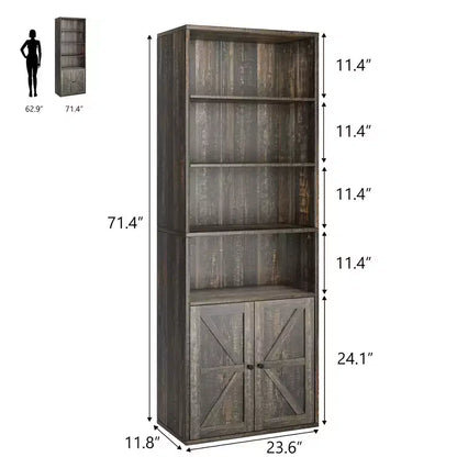 Bibliothèque à 6 niveaux avec porte coulissante style grange, style ferme, 181,4 cm H – Noir / Chêne foncé / Gris / Couleur rétro / Blanc