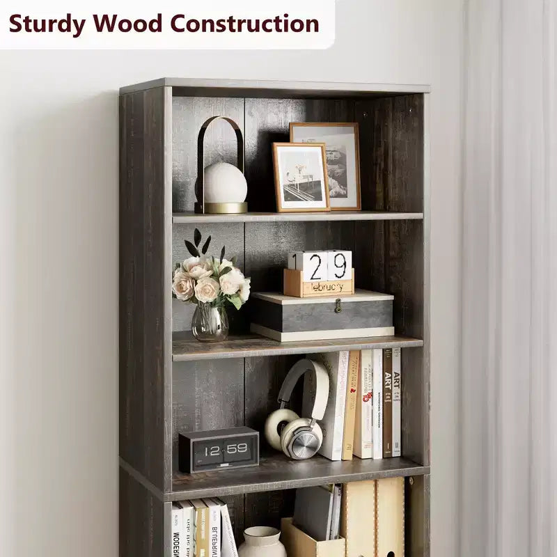 Bibliothèque à 6 niveaux avec porte coulissante style grange, style ferme, 181,4 cm H – Noir / Chêne foncé / Gris / Couleur rétro / Blanc