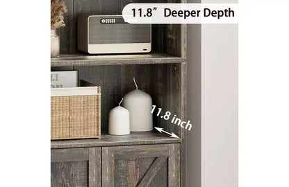 Bibliothèque à 6 niveaux avec porte coulissante style grange, style ferme, 181,4 cm H – Noir / Chêne foncé / Gris / Couleur rétro / Blanc