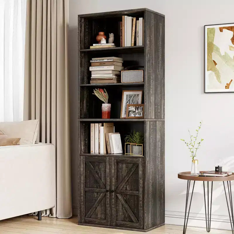 Bibliothèque à 6 niveaux avec porte coulissante style grange, style ferme, 181,4 cm H – Noir / Chêne foncé / Gris / Couleur rétro / Blanc
