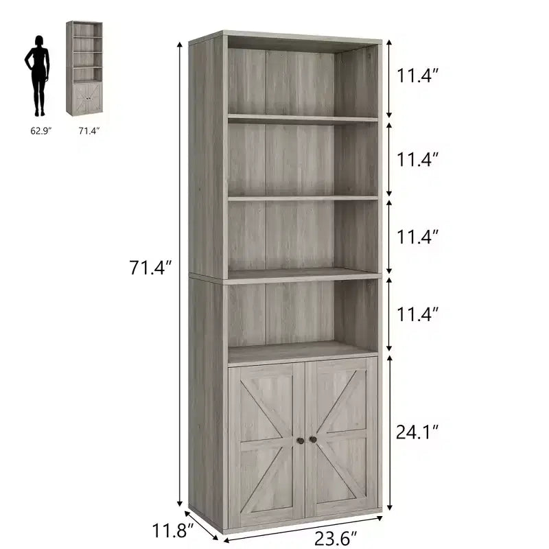 Bibliothèque à 6 niveaux avec porte coulissante style grange, style ferme, 181,4 cm H – Noir / Chêne foncé / Gris / Couleur rétro / Blanc