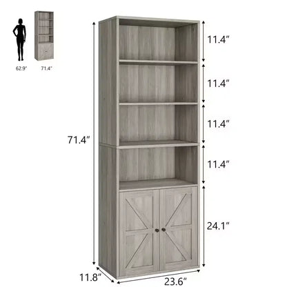 Bibliothèque à 6 niveaux avec porte coulissante style grange, style ferme, 181,4 cm H – Noir / Chêne foncé / Gris / Couleur rétro / Blanc