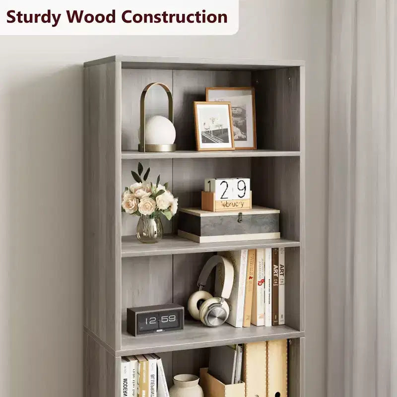 Bibliothèque à 6 niveaux avec porte coulissante style grange, style ferme, 181,4 cm H – Noir / Chêne foncé / Gris / Couleur rétro / Blanc