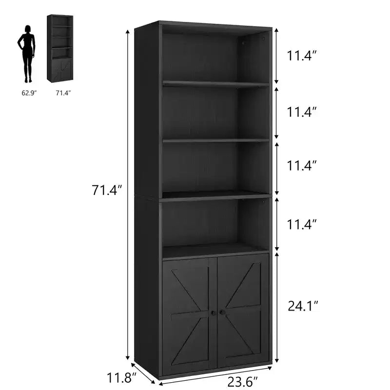 Bibliothèque à 6 niveaux avec porte coulissante style grange, style ferme, 181,4 cm H – Noir / Chêne foncé / Gris / Couleur rétro / Blanc