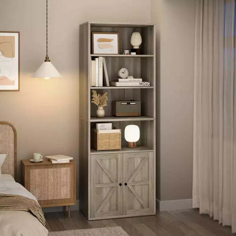 Bibliothèque à 6 niveaux avec porte coulissante style grange, style ferme, 181,4 cm H – Noir / Chêne foncé / Gris / Couleur rétro / Blanc