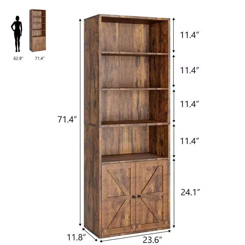 Bibliothèque à 6 niveaux avec porte coulissante style grange, style ferme, 181,4 cm H – Noir / Chêne foncé / Gris / Couleur rétro / Blanc