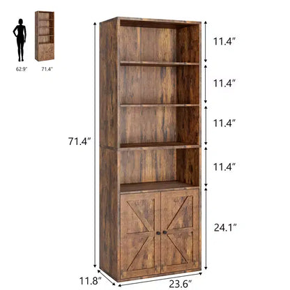 Bibliothèque à 6 niveaux avec porte coulissante style grange, style ferme, 181,4 cm H – Noir / Chêne foncé / Gris / Couleur rétro / Blanc