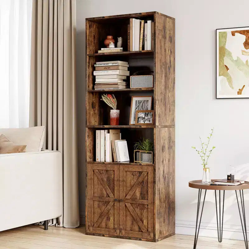 Bibliothèque à 6 niveaux avec porte coulissante style grange, style ferme, 181,4 cm H – Noir / Chêne foncé / Gris / Couleur rétro / Blanc