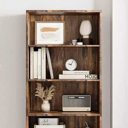 Bibliothèque à 6 niveaux avec porte coulissante style grange, style ferme, 181,4 cm H – Noir / Chêne foncé / Gris / Couleur rétro / Blanc