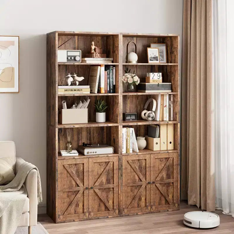Bibliothèque à 6 niveaux avec porte coulissante style grange, style ferme, 181,4 cm H – Noir / Chêne foncé / Gris / Couleur rétro / Blanc