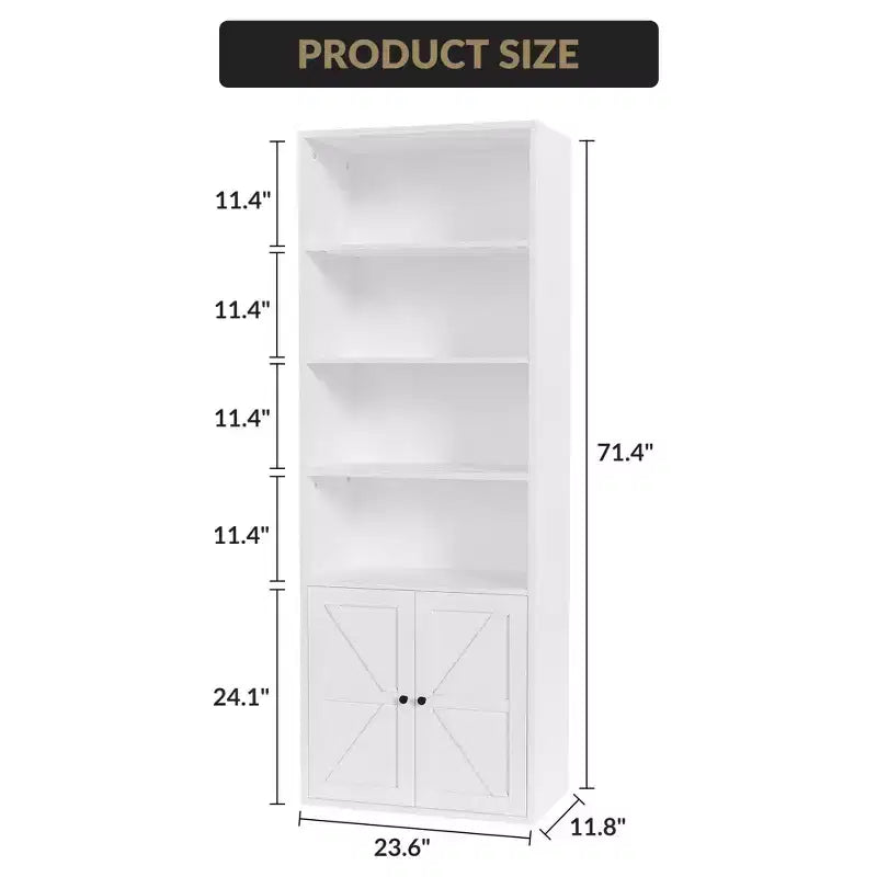 Bibliothèque à 6 niveaux avec porte coulissante style grange, style ferme, 181,4 cm H – Noir / Chêne foncé / Gris / Couleur rétro / Blanc