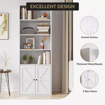 Bibliothèque à 6 niveaux avec porte coulissante style grange, style ferme, 181,4 cm H – Noir / Chêne foncé / Gris / Couleur rétro / Blanc