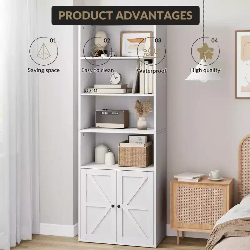 Bibliothèque à 6 niveaux avec porte coulissante style grange, style ferme, 181,4 cm H – Noir / Chêne foncé / Gris / Couleur rétro / Blanc