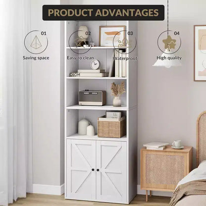 Bibliothèque à 6 niveaux avec porte coulissante style grange, style ferme, 181,4 cm H – Noir / Chêne foncé / Gris / Couleur rétro / Blanc