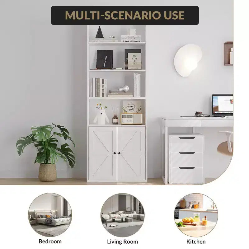 Bibliothèque à 6 niveaux avec porte coulissante style grange, style ferme, 181,4 cm H – Noir / Chêne foncé / Gris / Couleur rétro / Blanc