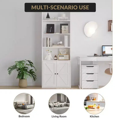 Bibliothèque à 6 niveaux avec porte coulissante style grange, style ferme, 181,4 cm H – Noir / Chêne foncé / Gris / Couleur rétro / Blanc