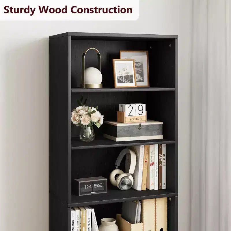 Bibliothèque à 6 niveaux avec porte coulissante style grange, style ferme, 181,4 cm H – Noir / Chêne foncé / Gris / Couleur rétro / Blanc