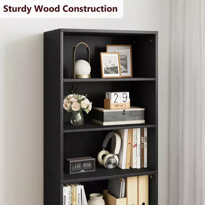 Bibliothèque à 6 niveaux avec porte coulissante style grange, style ferme, 181,4 cm H – Noir / Chêne foncé / Gris / Couleur rétro / Blanc