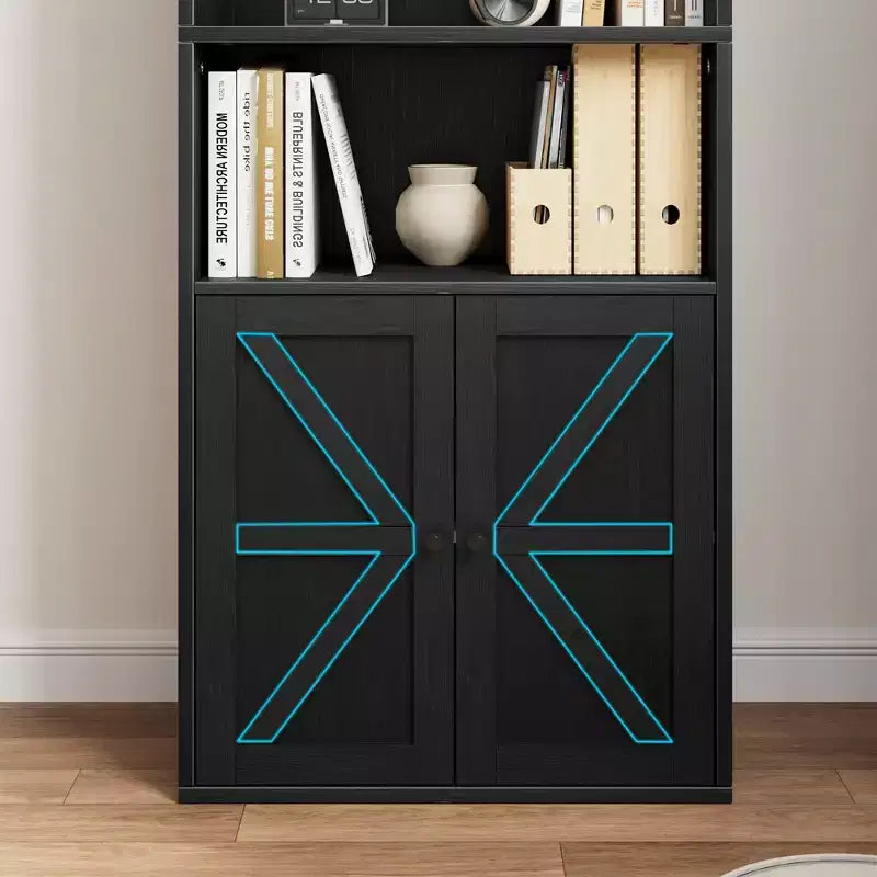 Bibliothèque à 6 niveaux avec porte coulissante style grange, style ferme, 181,4 cm H – Noir / Chêne foncé / Gris / Couleur rétro / Blanc