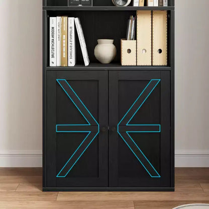 Bibliothèque à 6 niveaux avec porte coulissante style grange, style ferme, 181,4 cm H – Noir / Chêne foncé / Gris / Couleur rétro / Blanc