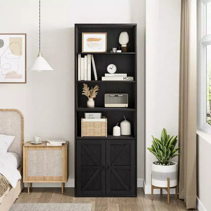 Bibliothèque à 6 niveaux avec porte coulissante style grange, style ferme, 181,4 cm H – Noir / Chêne foncé / Gris / Couleur rétro / Blanc