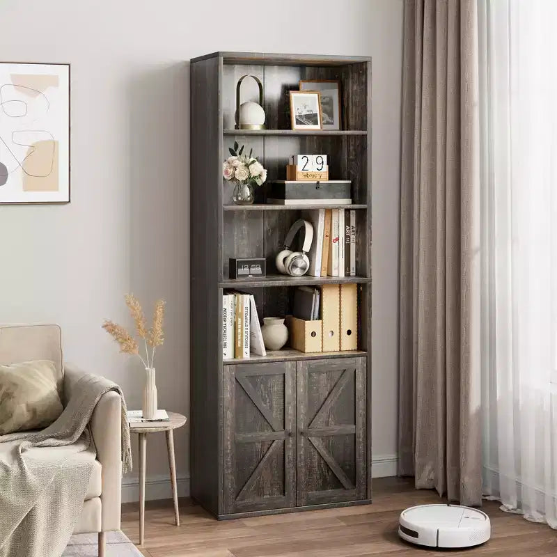 Bibliothèque à 6 niveaux avec porte coulissante style grange, style ferme, 181,4 cm H – Noir / Chêne foncé / Gris / Couleur rétro / Blanc