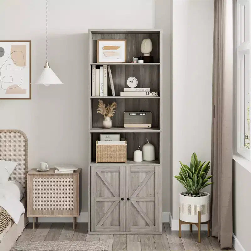 Bibliothèque à 6 niveaux avec porte coulissante style grange, style ferme, 181,4 cm H – Noir / Chêne foncé / Gris / Couleur rétro / Blanc