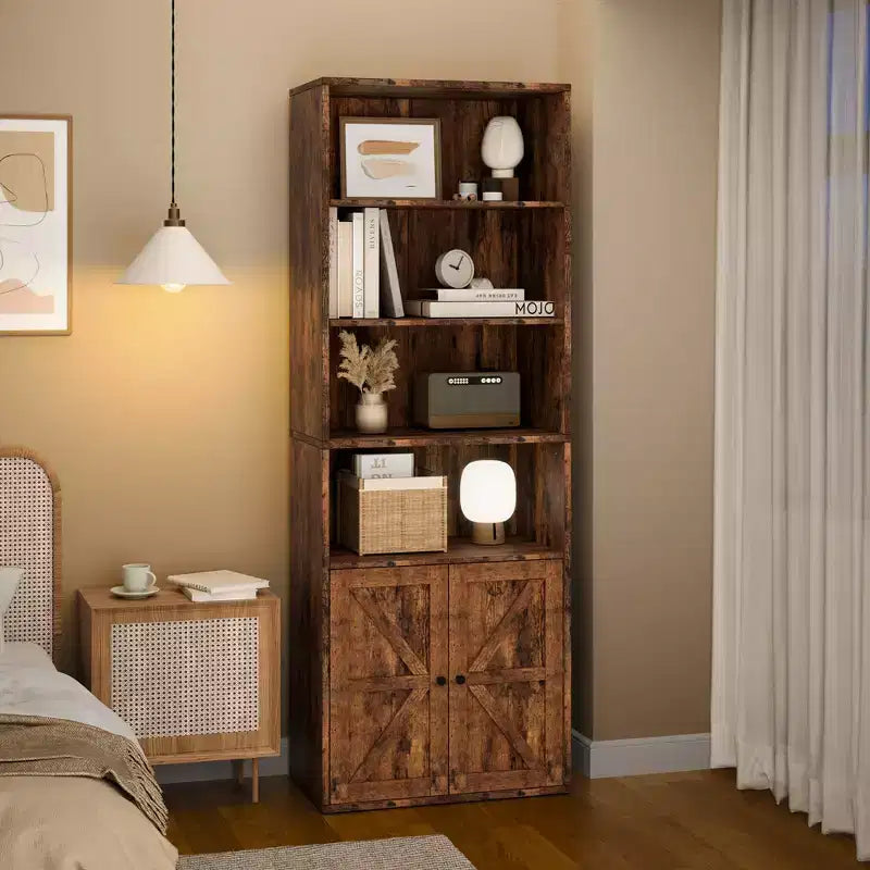 Bibliothèque à 6 niveaux avec porte coulissante style grange, style ferme, 181,4 cm H – Noir / Chêne foncé / Gris / Couleur rétro / Blanc